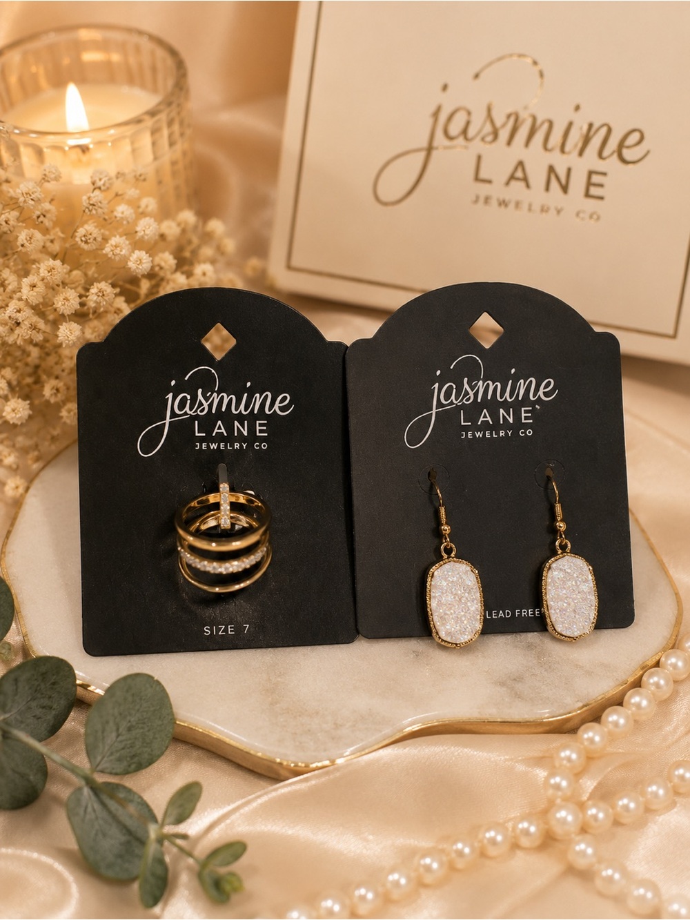 Jasmine Lane Gold Tone Size 7 Stacked Ring & Druzy Drop Earrings Set NEW